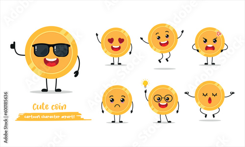 cute coin cartoon with many expressions. money different activity vector illustration flat design.
