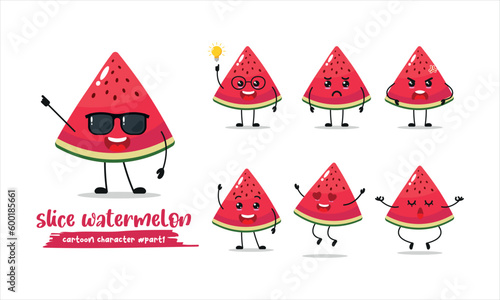 cute slice watermelon wear sunglasses different activity expression emotion. fruit with many activity vector illustration flat design.