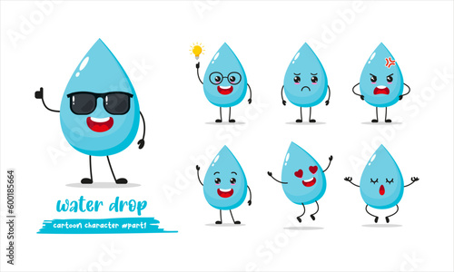 water drop cartoon wear sunglasses with many expressions. different aqua activity vector illustration flat design.