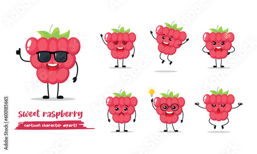 cool raspberry different activity expression emotion. fruit with many activity vector illustration flat design.