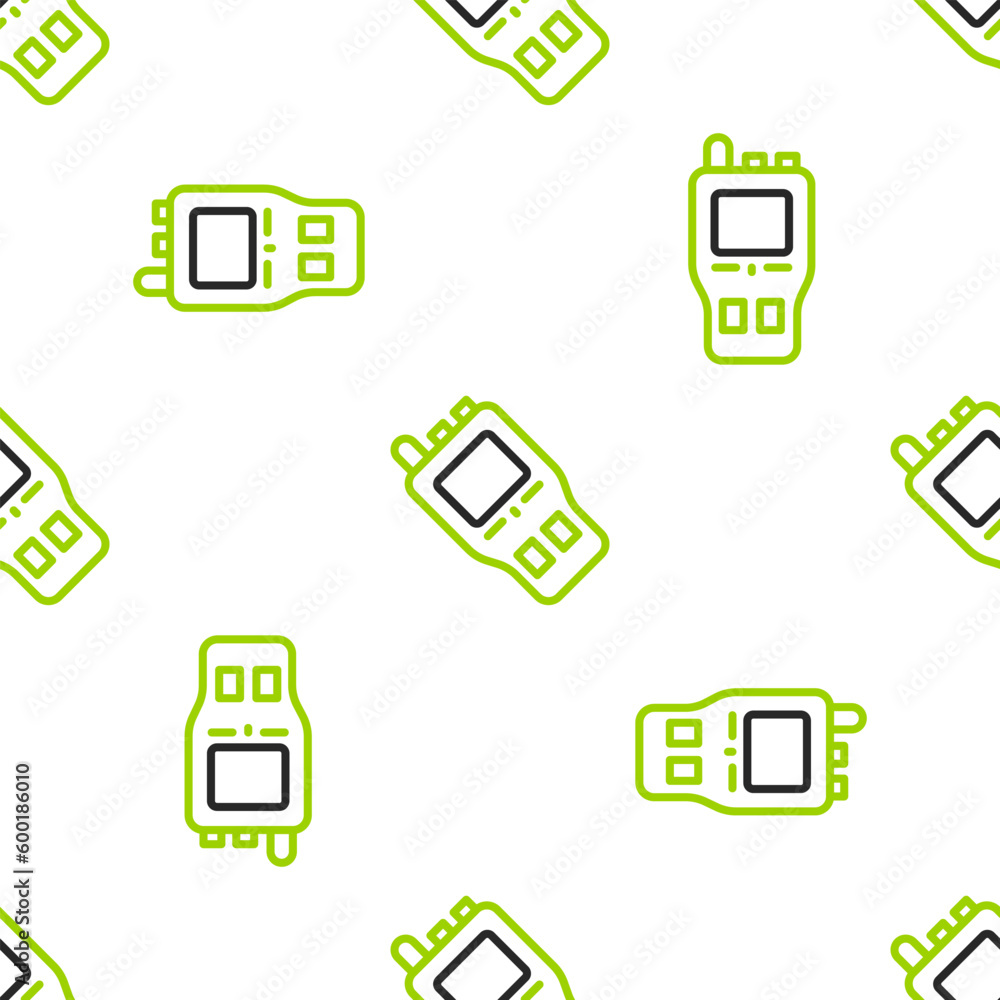 Line Walkie talkie icon isolated seamless pattern on white background. Portable radio transmitter icon. Radio transceiver sign. Vector Line Walkie talkie icon isolated seamless pattern on white background. Portable radio transmitter icon. Radio transceiver sign. Vector