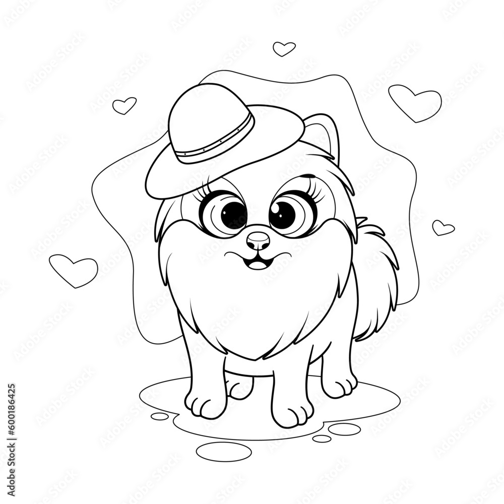 Obraz premium Coloring page. Fashionable and cute dog, pomeranian spitz with hat