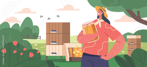 Female Character Holding Glass Jar with Fresh Flower Honey on the Meadow with Hives and Bees Flying around