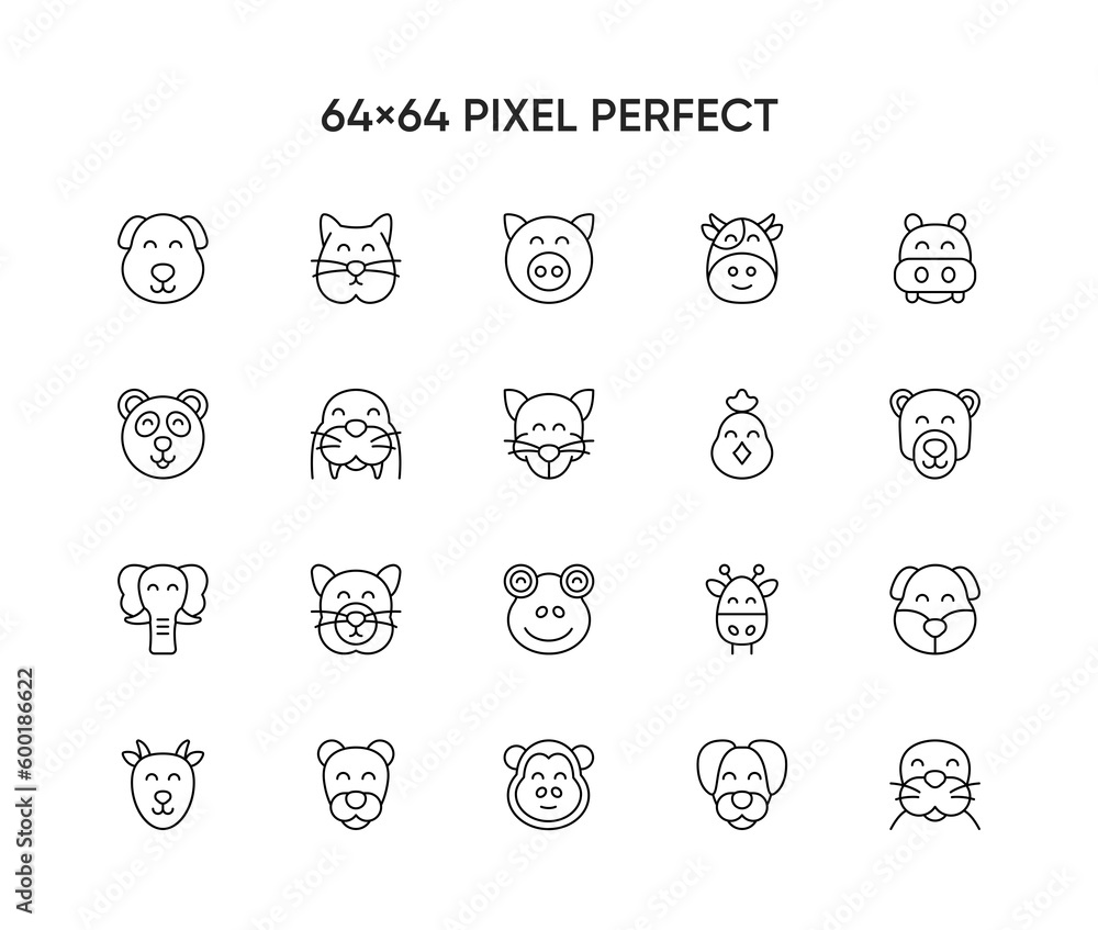 Cute animal face included farm, forest and African animals, outline design icons
Cute animal face included farm, forest and African animals, outline design icons