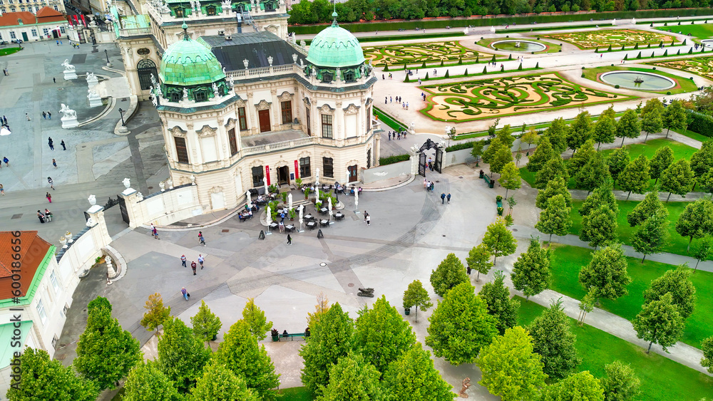 Aerial view of famous Schloss Belvedere in Vienna, built by Johann Lukas von Hildebrandt as a summer residence for Prince Eugene of Savoy