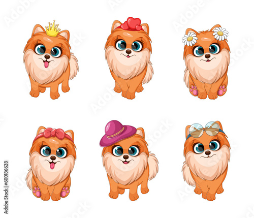 Collection of cute dogs, cartoon pomeranian spitz