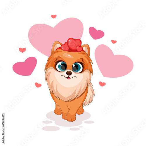 Cartoon cute dog, pomeranian spitz with hearts, love card