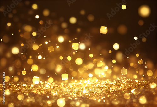 Golden glitter bokeh lights background. Christmas decoration. Defocused. Luxury. Decoration. Festive. Celebration. Generative AI