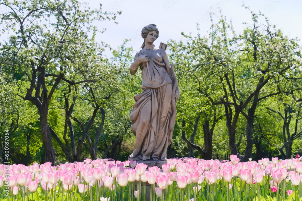 Statue of Diana - goddess of wild animals and the hunt. Kazan Garden in Kolomenskoye. Moscow. Russia