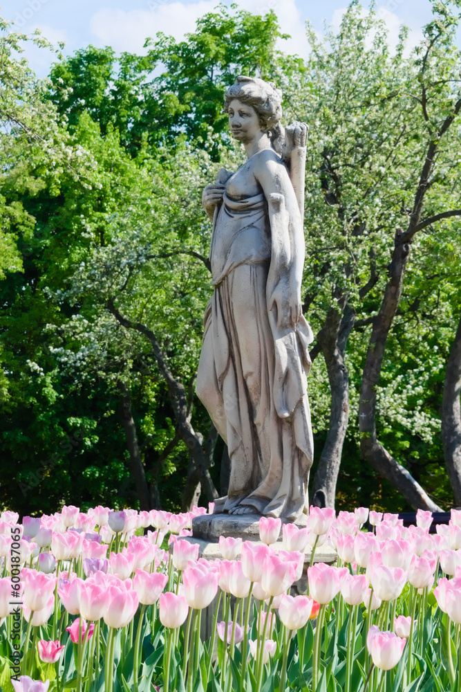 Statue of Diana - goddess of wild animals and the hunt. Kazan Garden in Kolomenskoye. Moscow. Russia