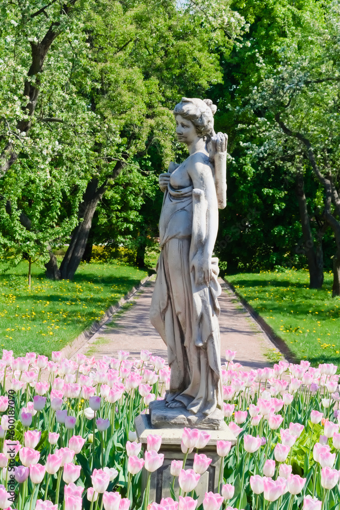 Statue of Diana - goddess of wild animals and the hunt. Kazan Garden in Kolomenskoye. Moscow. Russia