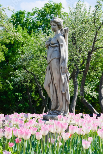 Statue of Diana - goddess of wild animals and the hunt. Kazan Garden in Kolomenskoye. Moscow. Russia