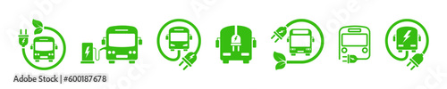 Set of green electric bus with plug. Electric city bus charger place. Recharger battery station for bus. Friendly alternative energy.