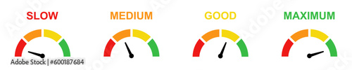 Set of speedometer vector icons. Speed scale. Slow, medium, good and maximum indicator. Vector 10 Eps.