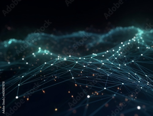 Abstract connected dots and lines. Concept of AI technology, Motion of digital data flow. Communication and technology network concept with moving lines and dots. 3D rendering