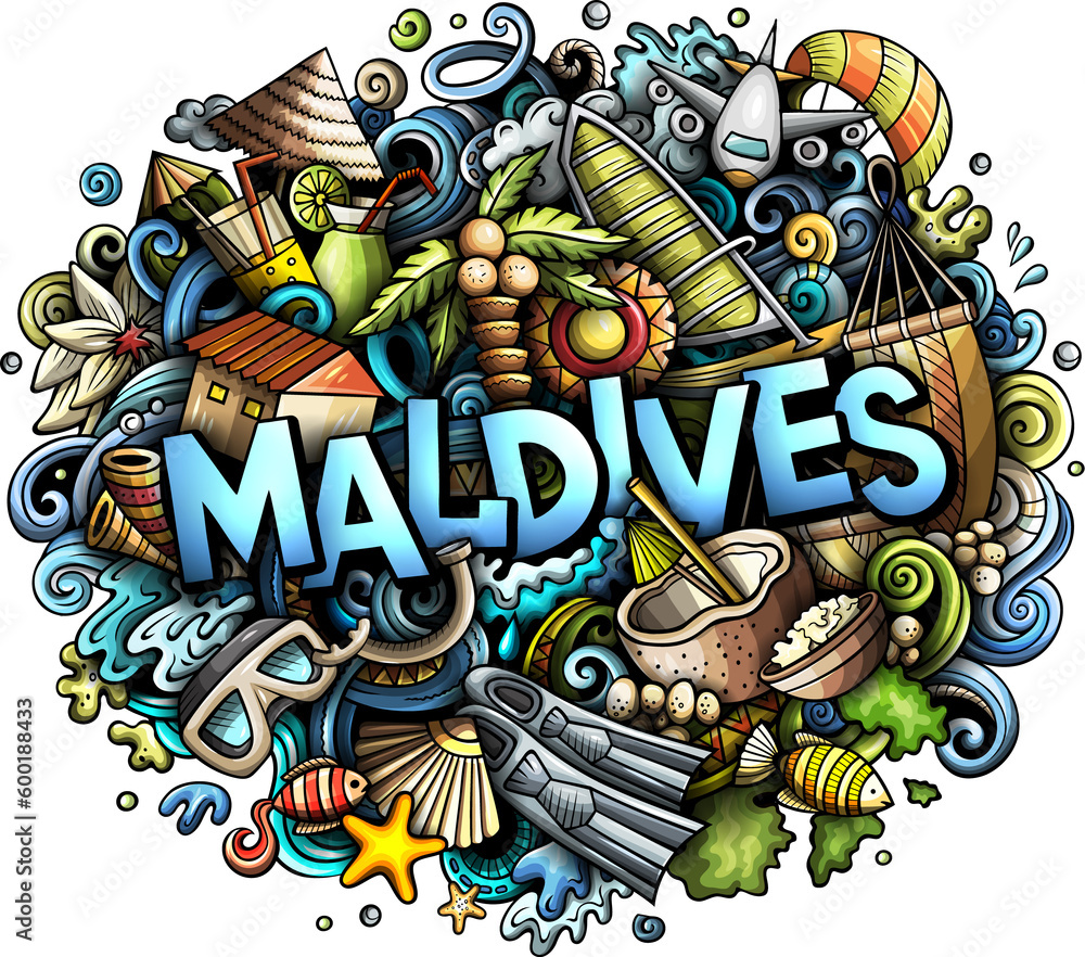 Obraz premium Maldives detailed lettering cartoon illustration