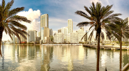Downtown Miami at sunrise from Brickell Key, Florida. - Panoramic view © jovannig