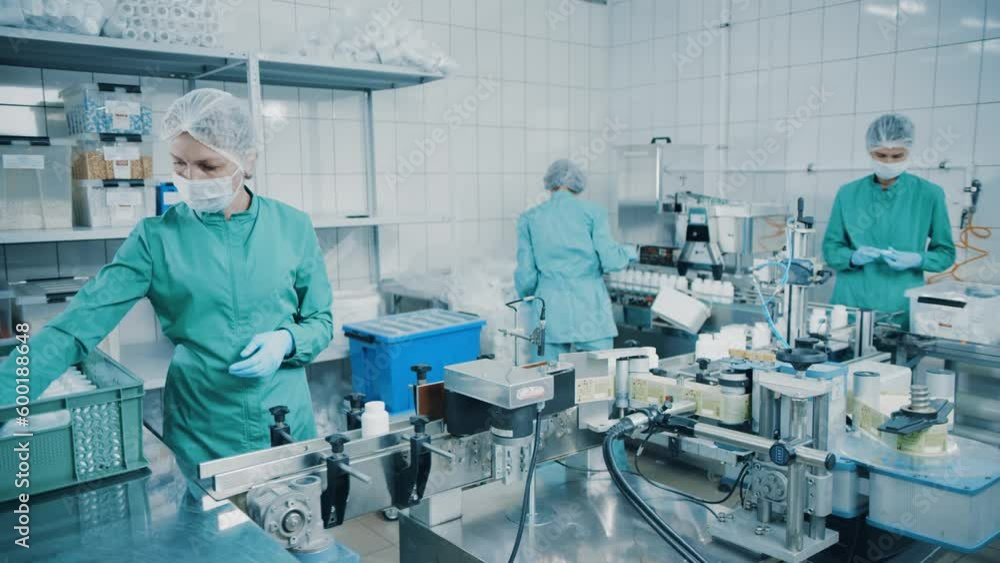 4K women work on the capsule packaging line and put the finished product into a box. Bottle filling machine. Bottles on a conveyor belt. Production line of pharmaceutical manufacturing. Slow motion 4K women work on the capsule packaging line and put the finished product into a box. Bottle filling machine. Bottles on a conveyor belt. Production line of pharmaceutical manufacturing. Slow motion