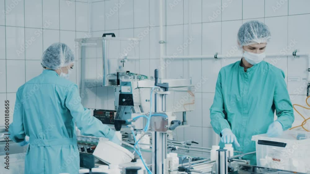 4K women work on the capsule packaging line. Bottle filling machine. Bottles on a conveyor belt. Production line of pharmaceutical manufacturing. Slow motion 4K women work on the capsule packaging line. Bottle filling machine. Bottles on a conveyor belt. Production line of pharmaceutical manufacturing. Slow motion