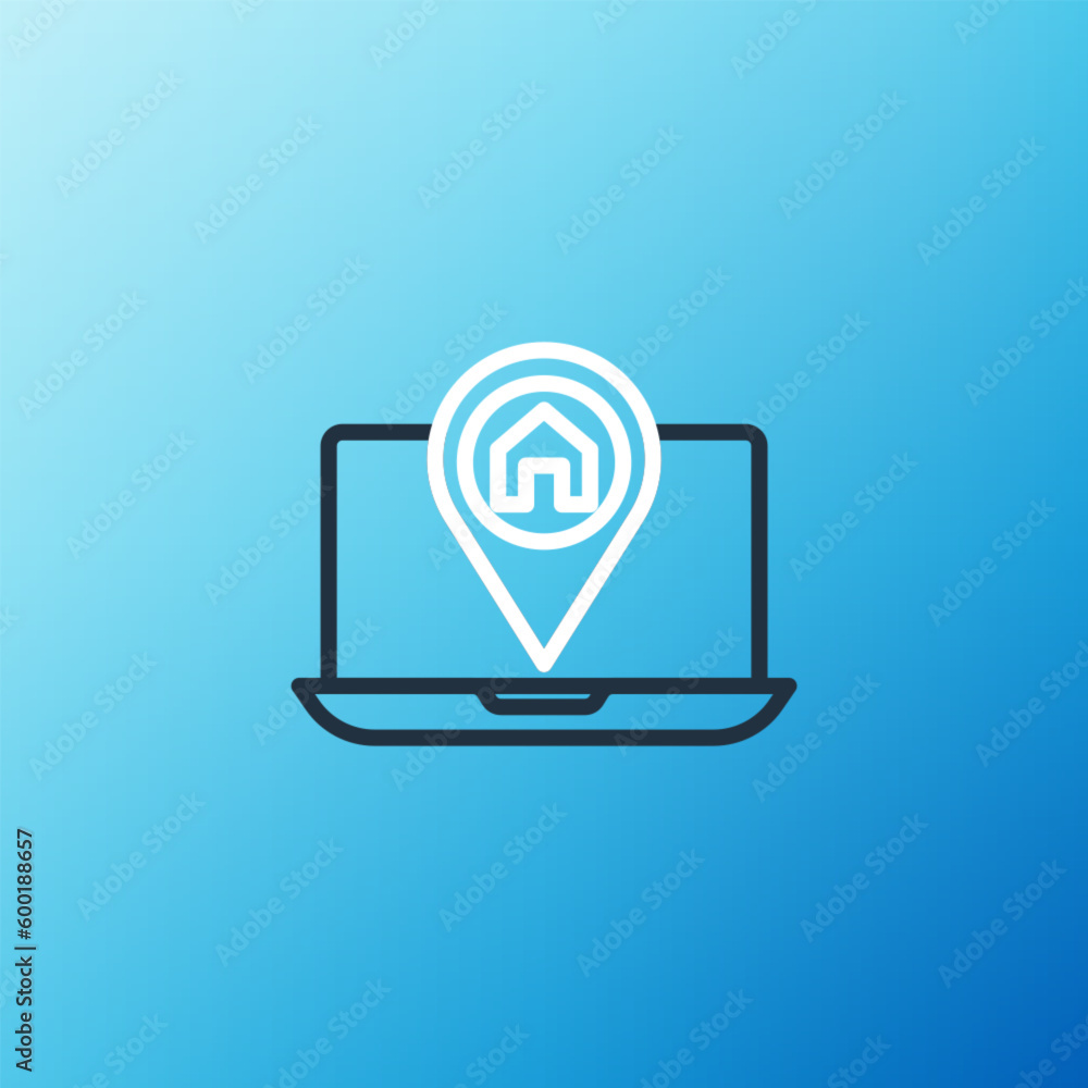 Line Infographic of city map navigation icon isolated on blue background. Laptop App Interface concept design. Geolocation concept. Colorful outline concept. Vector Line Infographic of city map navigation icon isolated on blue background. Laptop App Interface concept design. Geolocation concept. Colorful outline concept. Vector