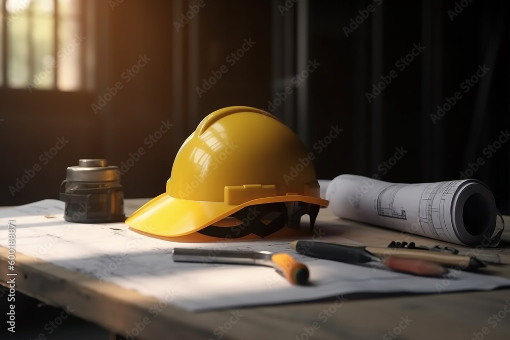 Yellow hard safety helmet hat and architectural blueprints and ...