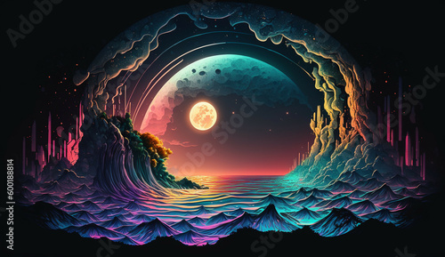 Rgb Neon wallpaper of the sea with a small Beach in front, In the Back beautiful Moon with stars,clouds,waves