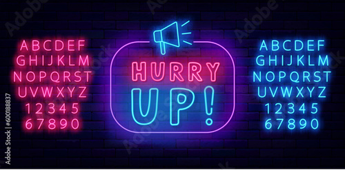 Hurry up neon advertising. Exclusive shopping offer. Frame with megaphone. Vector stock illustration