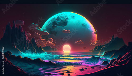 Rgb Neon wallpaper of the sea with a small Beach in front, In the Back beautiful Moon with stars,clouds,waves