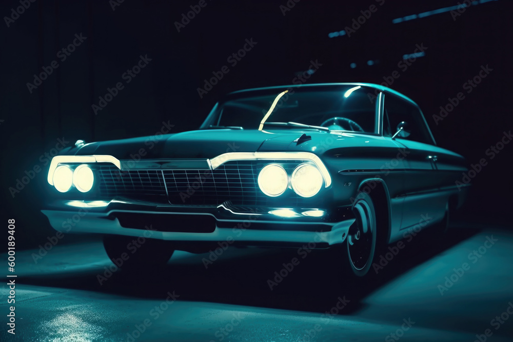 Classic retro car at night with glowing headlamps. American vintage vehicle with colorful illumination on dark background. Created with Generative AI