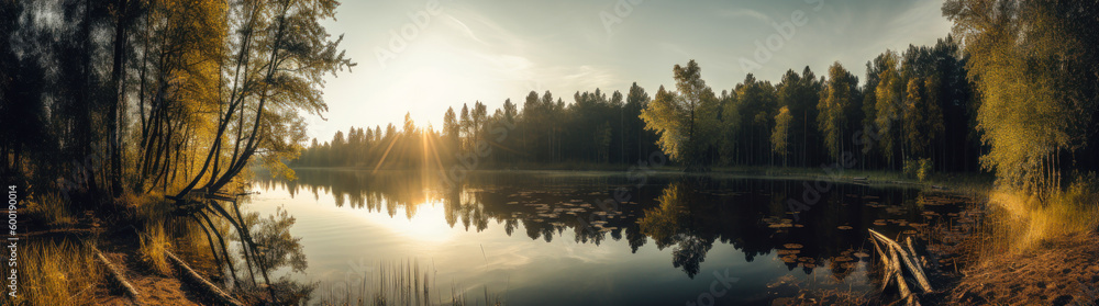 A calm and serene lake, surrounded by tall trees that light up with the golden sun. An idyllic panoramic view to capture a magical moment. Generative AI