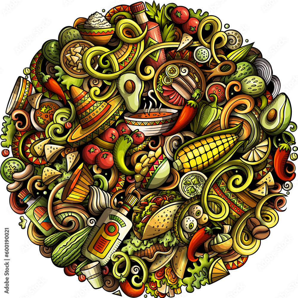 Mexican food detailed cartoon illustration