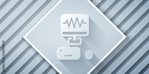 Paper cut Music sound recording studio control room with professional equipment icon isolated on grey background. Paper art style. Vector