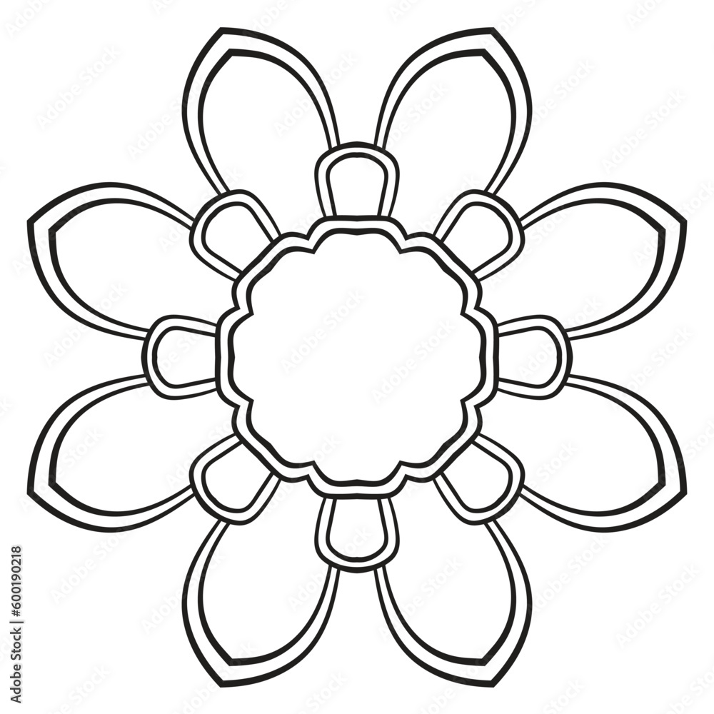 Black outline flower mandala. Doodle round decorative element for coloring book isolated on white background. Floral geometric circle. Black outline flower mandala. Doodle round decorative element for coloring book isolated on white background. Floral geometric circle.