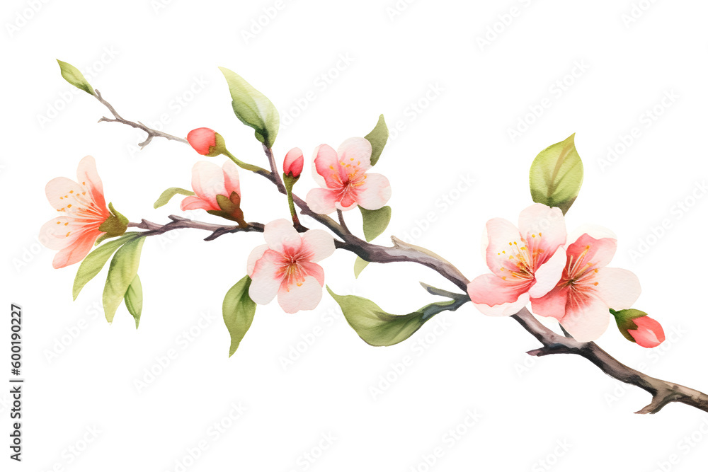 Peach blossom flowers, watercolor illustration