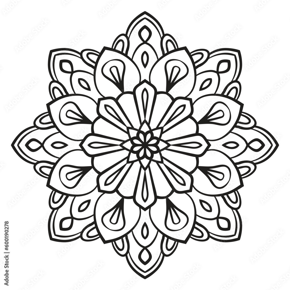 Black outline flower mandala. Doodle round decorative element for coloring book isolated on white background. Floral geometric circle.