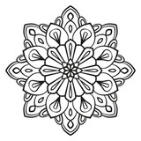Black outline flower mandala. Doodle round decorative element for coloring book isolated on white background. Floral geometric circle.