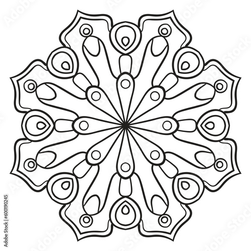 Black outline flower mandala. Doodle round decorative element for coloring book isolated on white background. Floral geometric circle.