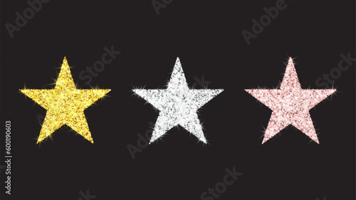 Set of 3 glitter stars. Gold  rose gold  silver high resolution star shapes. Shining design elements isolated on a black background. Vector illustration.