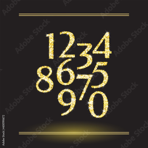 Realistic shining golden glitter numbers 1, 2, 3, 4, 5, 6, 7, 8, 9, 0. Set of isolated vector objects one, two, three, four, five, six, seven, eight, nine, zero for decoration, celebration design.