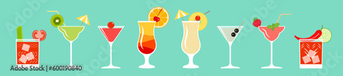 Cocktail set - sunrise, pina colada, daiquiri, bacardi, green parrot, bloody mary, martini with olives.