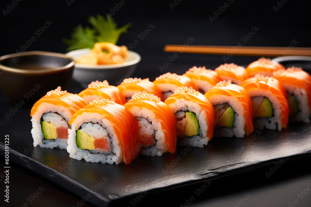 Japanese cuisine. Salmon sushi roll on a stone plate. Generative AI. Japanese cuisine. Salmon sushi roll on a stone plate. Generative AI.