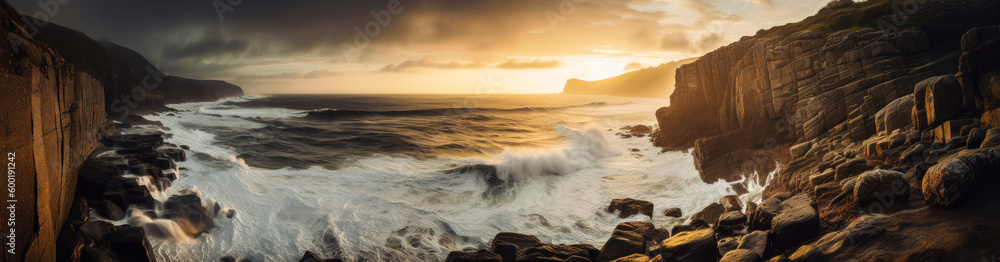 Paysage panoramique d'un rivage côtier spectaculaire avec des falaises abruptes et des vagues déferlantes sur la cote, illuminée par un doux et chaud coucher de soleil. Generative AI