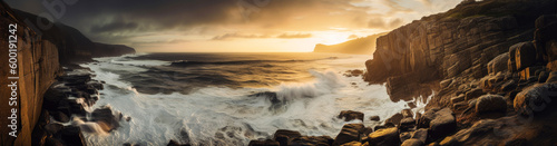 Fotografiet Paysage panoramique d'un rivage côtier spectaculaire avec des falaises abruptes et des vagues déferlantes sur la cote, illuminée par un doux et chaud coucher de soleil