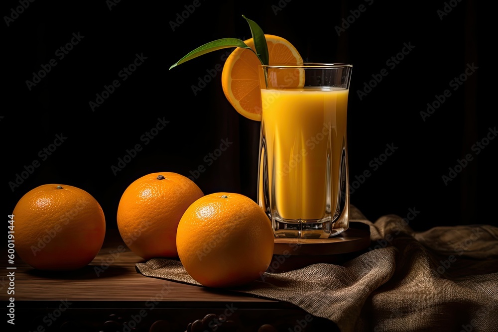 freshly squeezed orange juice in a glass with a slice of orange on the rim, generative ai freshly squeezed orange juice in a glass with a slice of orange on the rim, generative ai