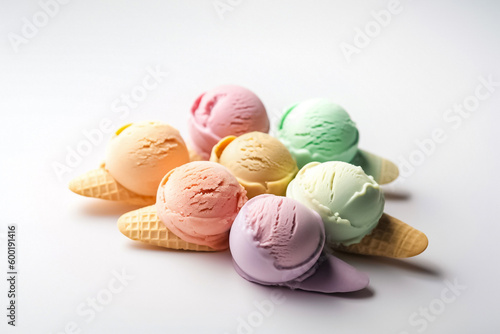 Minimalist arrangement of colorful pastel ice cream scoops in assorted flavors. generative AI.