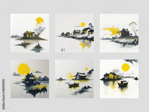 muted chinese ink painting of lakeside village with boat and yellow sun, a set painting design