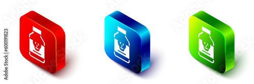 Isometric Poisoned pill icon isolated on white background. Pill with toxin. Dangerous drug. Red, blue and green square button. Vector
