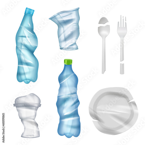 Plastic garbage. Damaged bottles and cups decent vector realistic collection