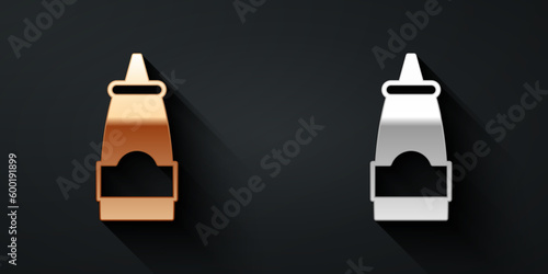 Gold and silver Sauce bottle icon isolated on black background. Ketchup, mustard and mayonnaise bottles with sauce for fast food. Long shadow style. Vector