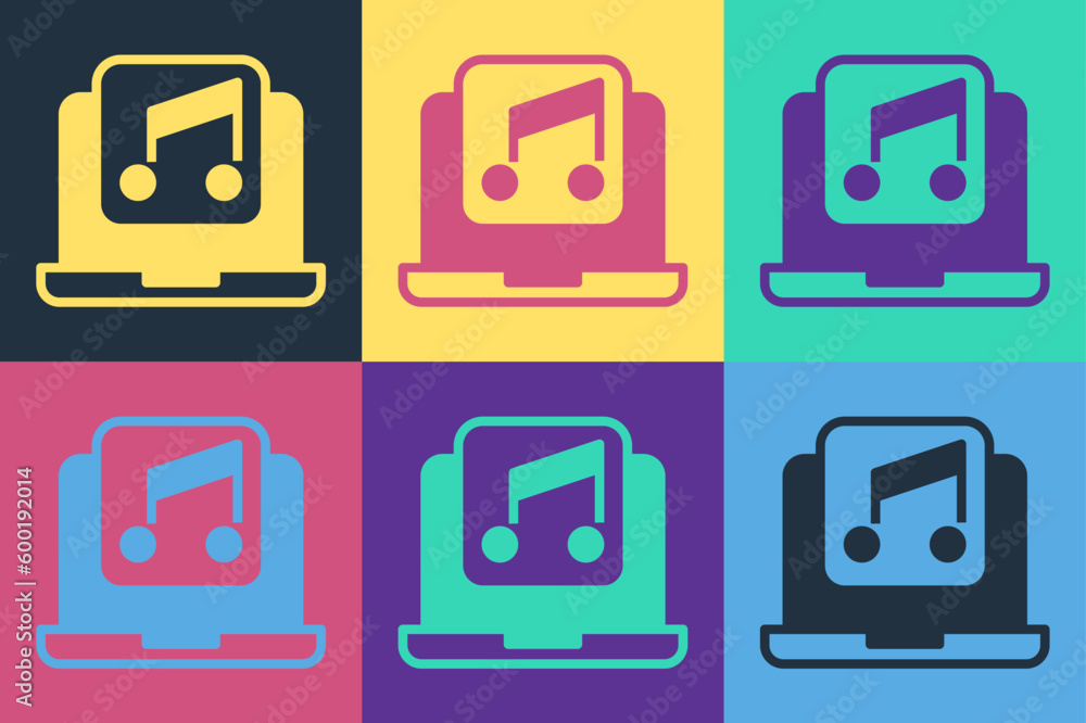 Pop art Laptop with music note symbol on screen icon isolated on color background. Vector Pop art Laptop with music note symbol on screen icon isolated on color background. Vector